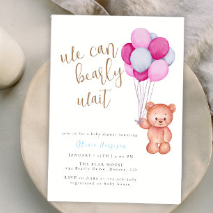 We Can Bearly Wait Pink Blue Balloon Baby Shower Invitation