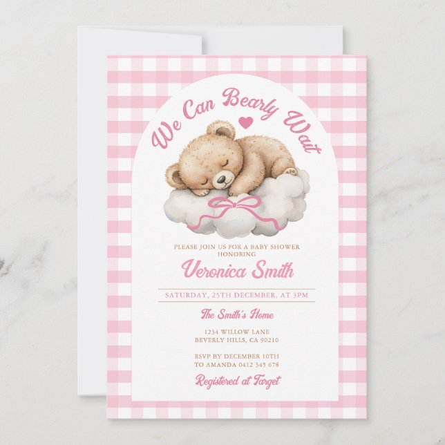 We can bearly wait Pink Bow Bear Girl Baby Shower Invitation (Front)