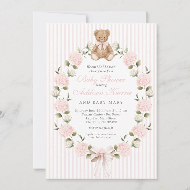 We can bearly wait pink bow Girl Baby Shower Invitation (Front)