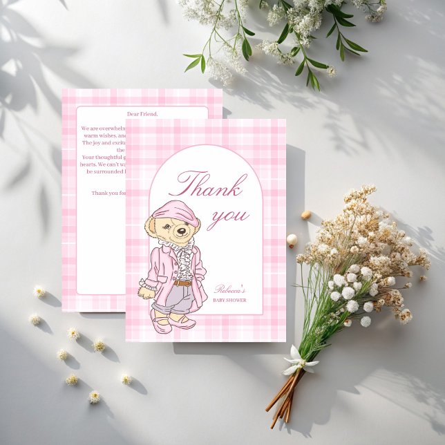 We can bearly wait pink classic plaid baby shower thank you card (We can bearly wait pink classic plaid cute teddy bear baby shower thank you cards)