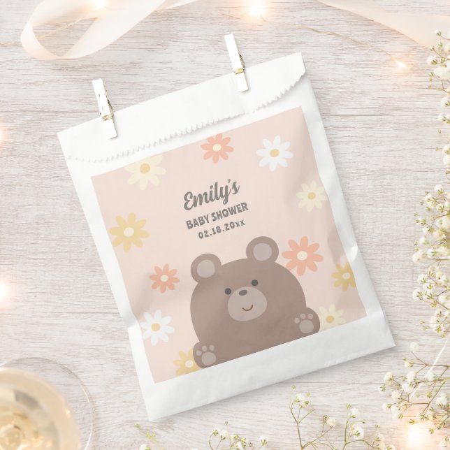We Can Bearly Wait Pink Daisies Girl Baby Shower Favour Bag (Clipped)