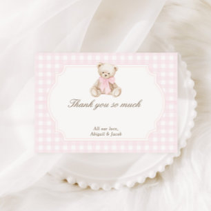 We Can Bearly Wait Pink Gingham Teddy Bear Baby Thank You Card