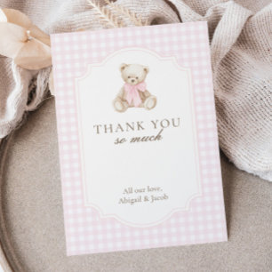 We Can Bearly Wait Pink Gingham Teddy Bear Baby Thank You Card