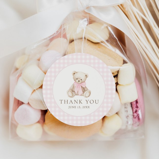 We Can Bearly Wait Pink Gingham Teddy Bear Classic Round Sticker (Creator Uploaded)