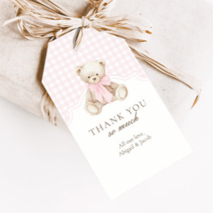 We Can Bearly Wait Pink Gingham Teddy Bear Favour Gift Tags