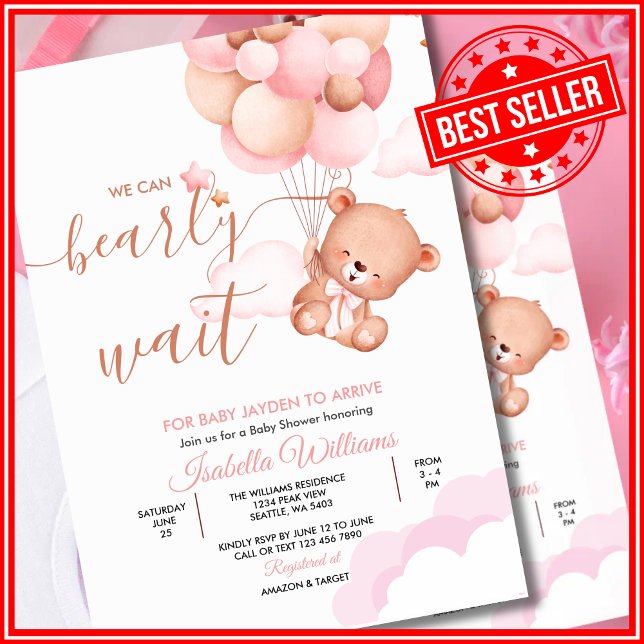We Can Bearly Wait Pink Girl Baby Shower Invitation (Creator Uploaded)