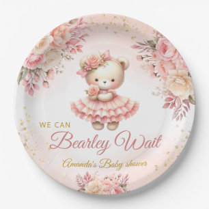 We can bearly wait pink Girl Baby Shower Paper Plate