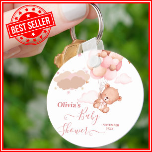 We Can Bearly Wait Pink Girl Bear Baby Shower Keychain