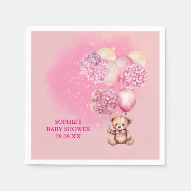 We Can Bearly Wait Pink Hydrangea Balloons Napkin (Front)