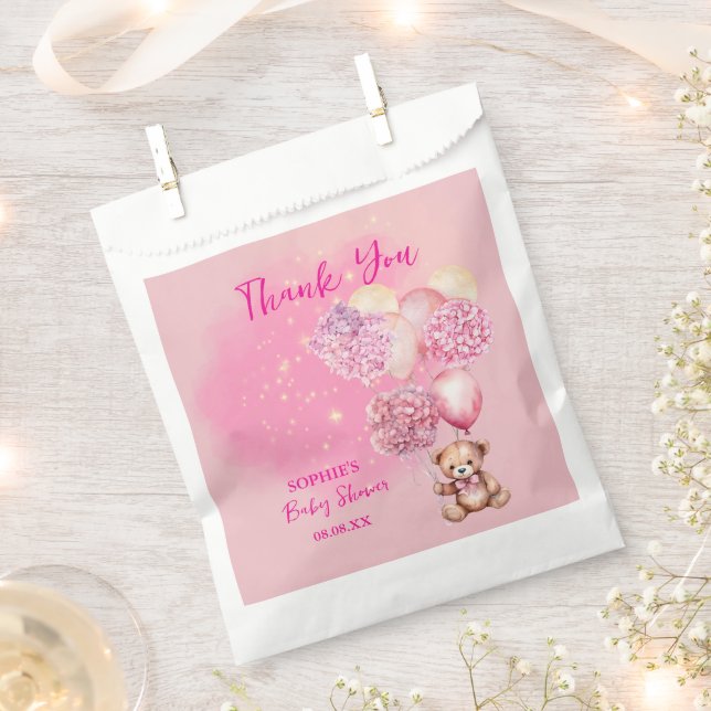 We Can Bearly Wait Pink Hydrangeas & Balloon Favour Bag (Clipped)