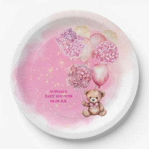 We Can Bearly Wait Pink Hydrangeas Balloons Paper Plate