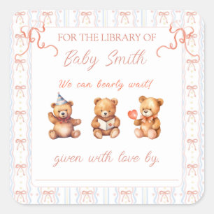 We Can Bearly Wait Pink Lace Ribbon Book Plate Square Sticker