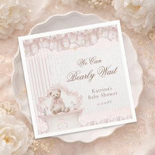 We Can Bearly Wait Pink Nursery Girl Baby Shower Napkin
