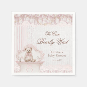 We Can Bearly Wait Pink Nursery Girl Baby Shower Napkin