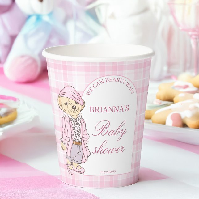We can bearly wait pink plaid baby shower monogram paper cups (We can bearly wait pink plaid teddy bear baby shower monogrammed printed paper cups personalized dec)