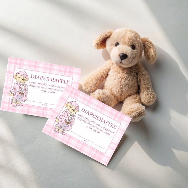 We can bearly wait pink plaid diaper raffle enclosure card (We can bearly wait pink plaid girls teddy bear baby shower diaper raffle enclosure cards)