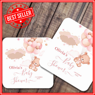 We Can Bearly Wait Pink Pooh Bear Baby Shower Square Paper Coaster