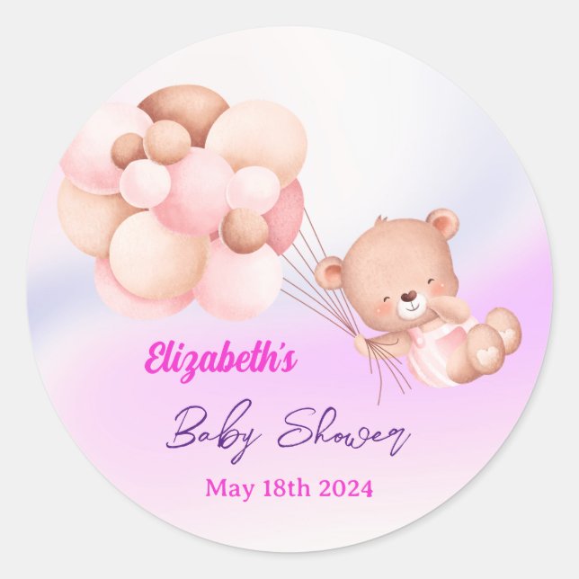 We Can Bearly Wait Pink Purple Girl Baby Shower Classic Round Sticker (Front)