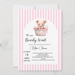 We can bearly wait pink stripped baby shower invitation