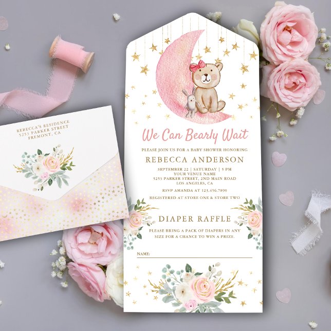 We Can Bearly Wait Pink Teddy Bear Baby Shower All In One Invitation (Creator Uploaded)