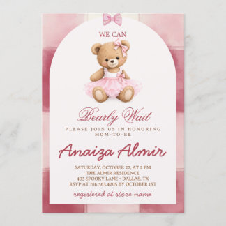 We Can Bearly Wait Pink Teddy Bear Baby Shower Invitation
