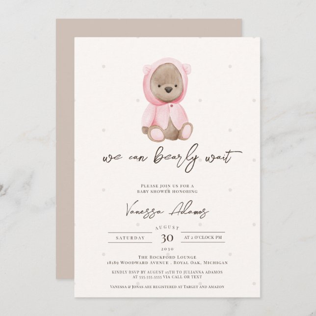 We Can Bearly Wait, Pink Teddy Bear Baby Shower Invitation (Front/Back)