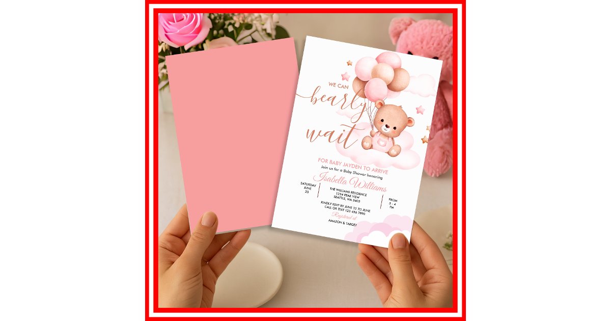We Can Bearly Wait Pink Teddy Bear Baby Shower Invitation | Zazzle