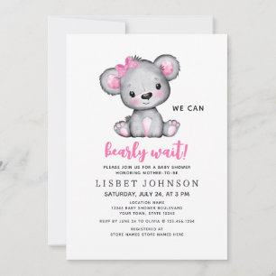 We Can Bearly Wait Pink Teddy Bear Baby Shower Invitation
