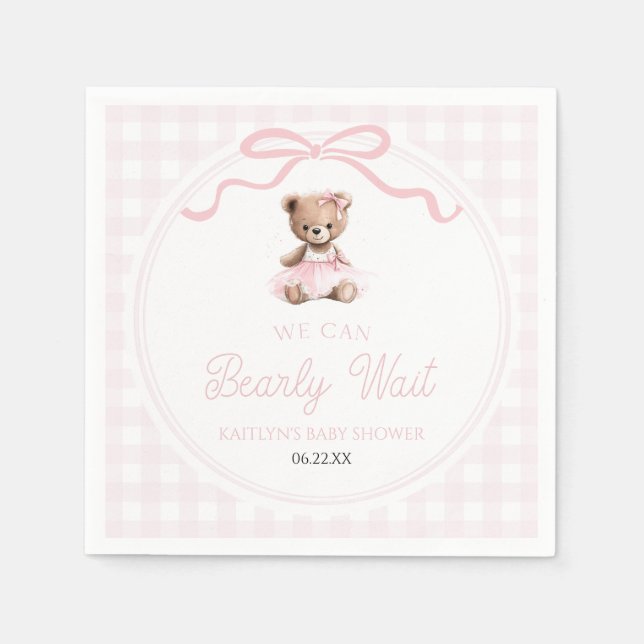 We Can Bearly Wait Pink Teddy Bear Baby Shower Napkin (Front)