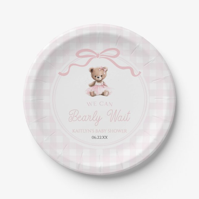We Can Bearly Wait Pink Teddy Bear Baby Shower Paper Plate (Front)