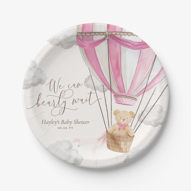 We Can Bearly Wait Pink Teddy Bear Baby Shower Paper Plate (Front)