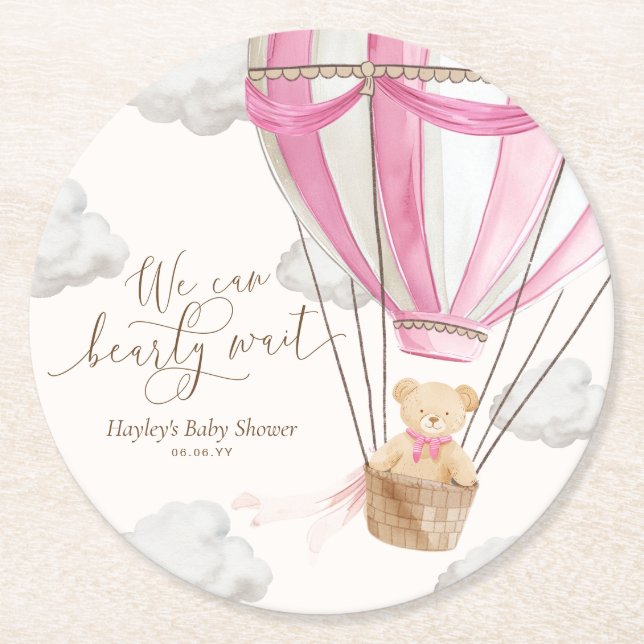 We Can Bearly Wait Pink Teddy Bear Baby Shower Round Paper Coaster (Front)