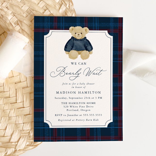 We Can Bearly Wait Plaid Teddy Bear Baby Shower Invitation (Creator Uploaded)