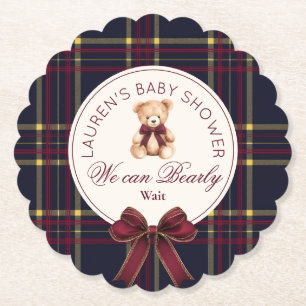 We can bearly wait Plaid teddy bear Baby Shower Paper Coaster