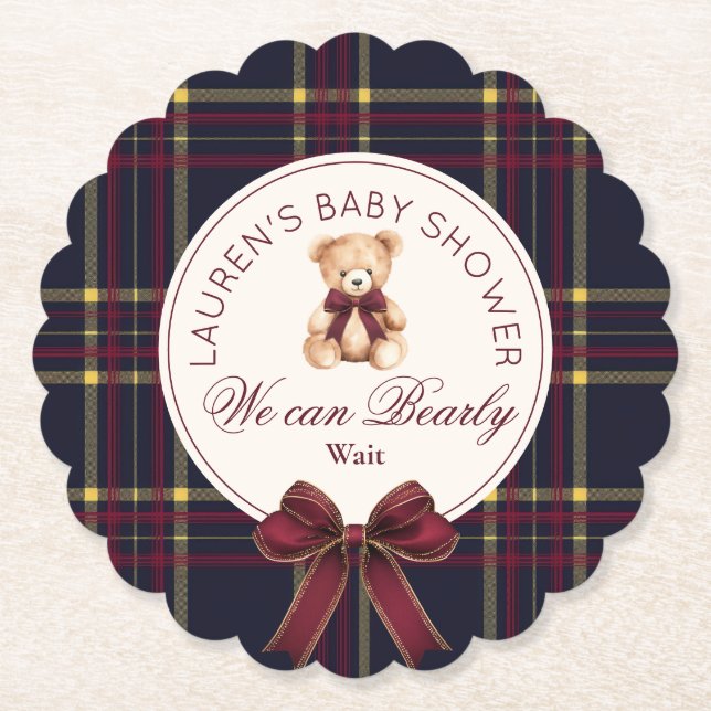 We can bearly wait Plaid teddy bear Baby Shower Paper Coaster (Front)
