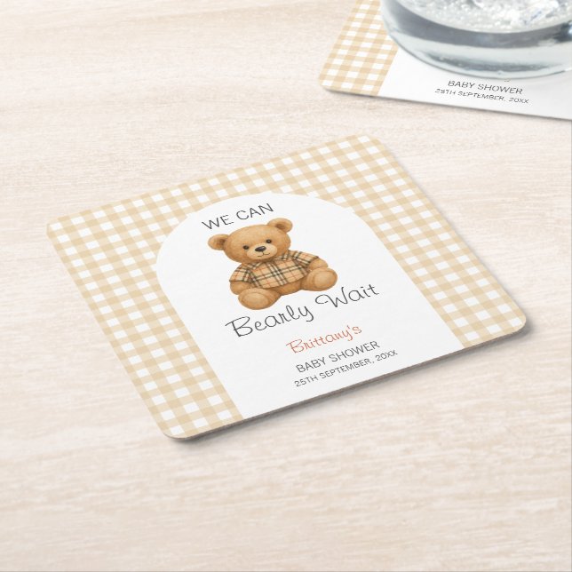 We Can Bearly Wait Preppy Bear Baby Shower  Square Paper Coaster (Angled)