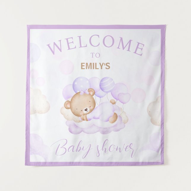 We Can Bearly Wait Purple Baby shower Welcome Sign Tapestry (Front)