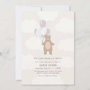 We Can Bearly Wait   Purple Balloon Baby Shower Invitation