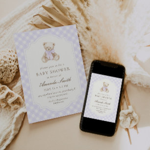 We Can Bearly Wait Purple Gingham Teddy Bear Baby Invitation