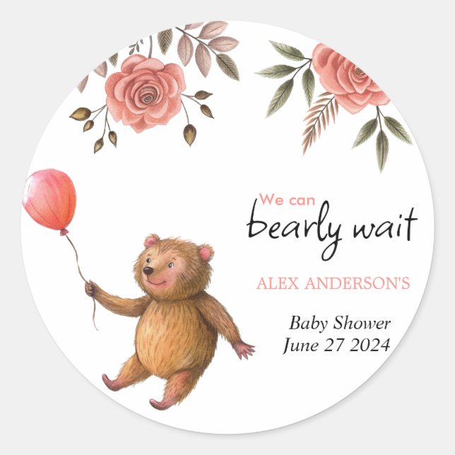 We Can Bearly Wait Rose Teddy Baby Shower Classic Round Sticker (Front)