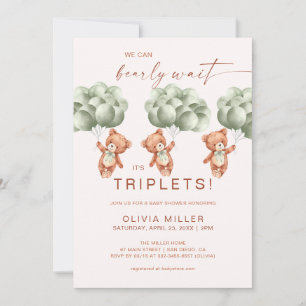 We Can Bearly Wait Sage Green Triplets Baby Shower Invitation