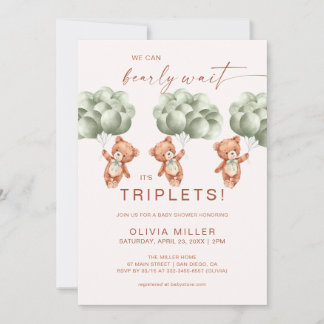 We Can Bearly Wait Sage Green Triplets Baby Shower Invitation
