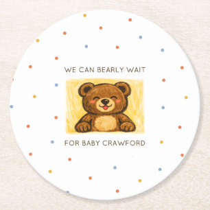 We Can Bearly Wait! Simple Hand Drawn Baby Shower Round Paper Coaster