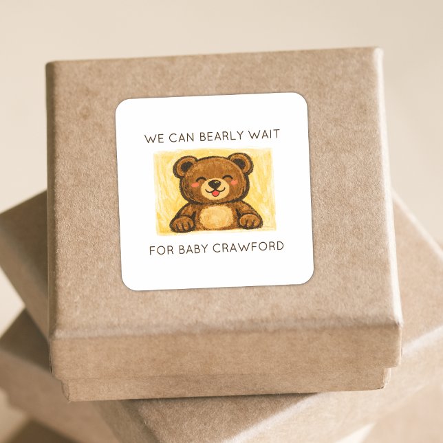 We Can Bearly Wait! Simple Hand Drawn Baby Shower Square Sticker (Creator Uploaded)