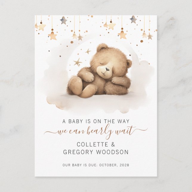 We Can Bearly Wait Sleeping Baby Bear Pregnancy  Announcement Postcard (Front)