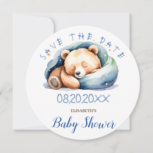 We Can Bearly Wait Sleeping Teddy Bear Baby Shower Save The Date (Front)