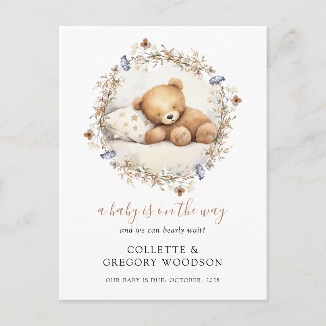 We Can Bearly Wait Sleeping Teddy Bear Pregnancy Announcement Postcard (Front)
