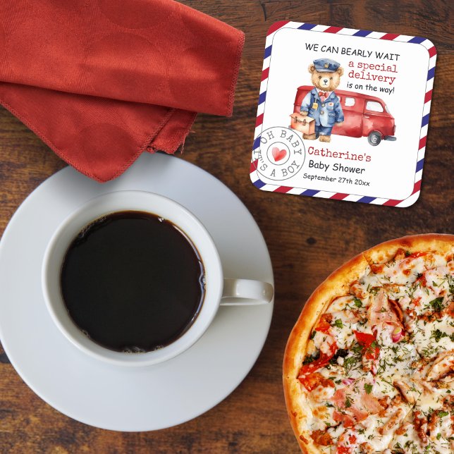 We Can Bearly Wait Special Delivery Baby Shower Square Paper Coaster (Creator Uploaded)