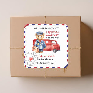 We Can Bearly Wait Special Delivery Baby Shower Square Sticker
