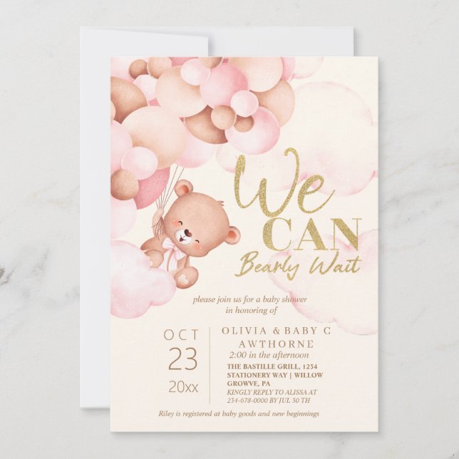 We can Bearly Wait Teddy Baby Girl Shower Invitation (Front)